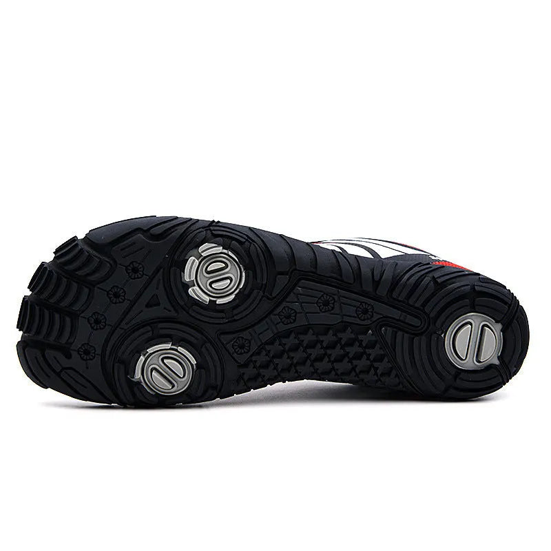 Pair of mesh outdoor wading shoes with natural rubber sole in red black or orange for beach and fishing