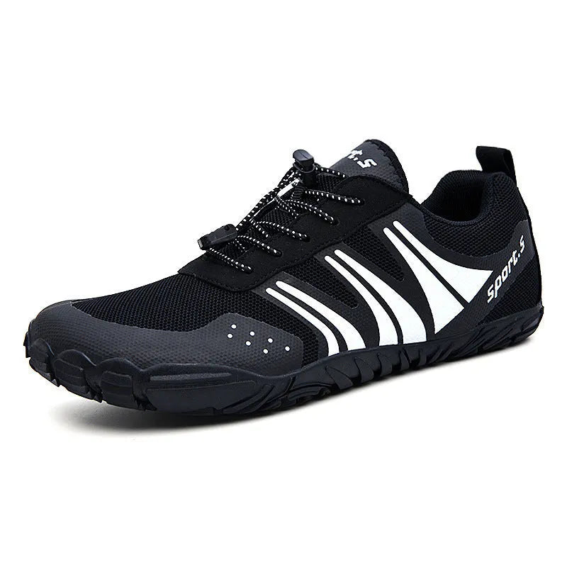 Pair of mesh outdoor wading shoes with natural rubber sole in red black or orange for beach and fishing