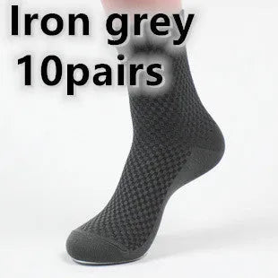 Men's bamboo fibre business socks with small square pattern in black, navy blue, and grey colours.
