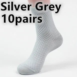 Men's bamboo fibre business socks with small square pattern in black, navy blue, and grey colours.