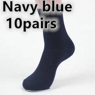 Men's bamboo fibre business socks with small square pattern in black, navy blue, and grey colours.