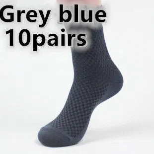 Men's bamboo fibre business socks with small square pattern in black, navy blue, and grey colours.