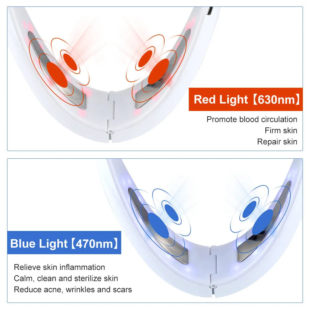 White ABS facial lifting device with red and blue light therapy, showing control buttons and measurement scale.