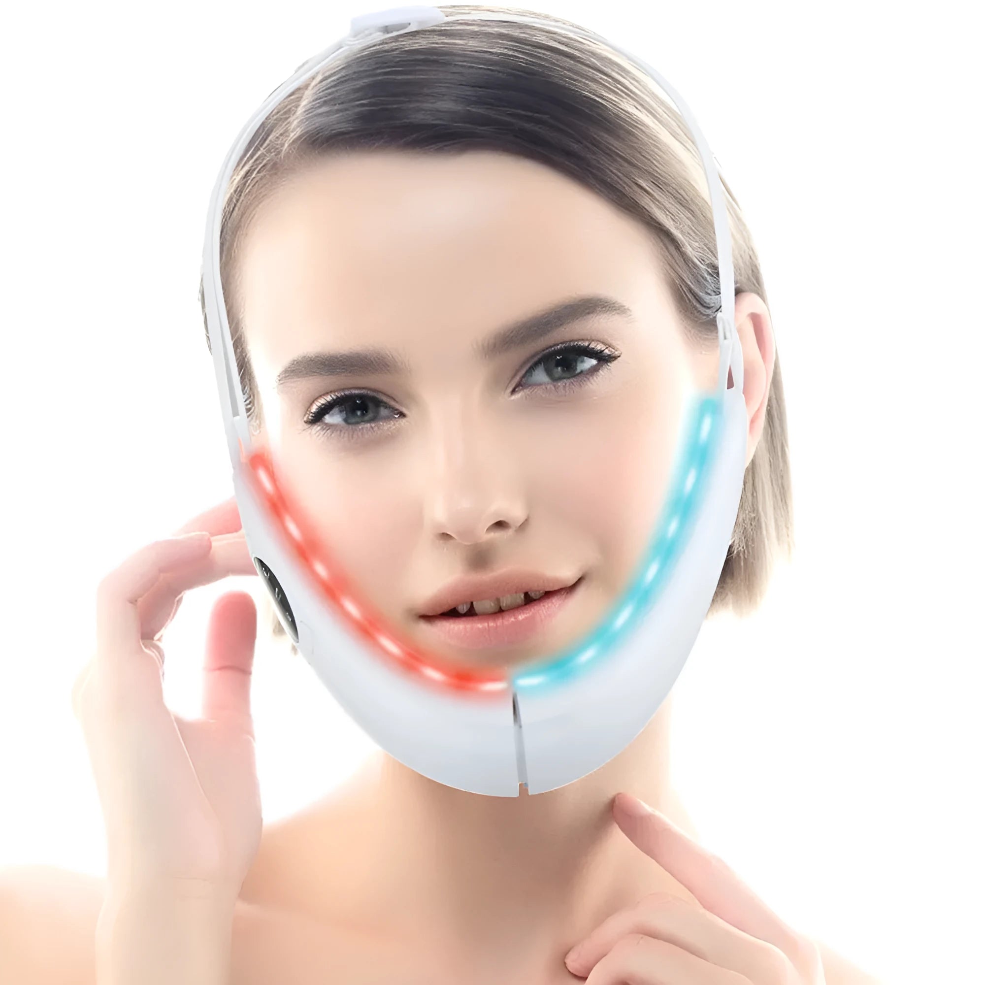 White ABS facial lifting device with red and blue light therapy, showing control buttons and measurement scale.