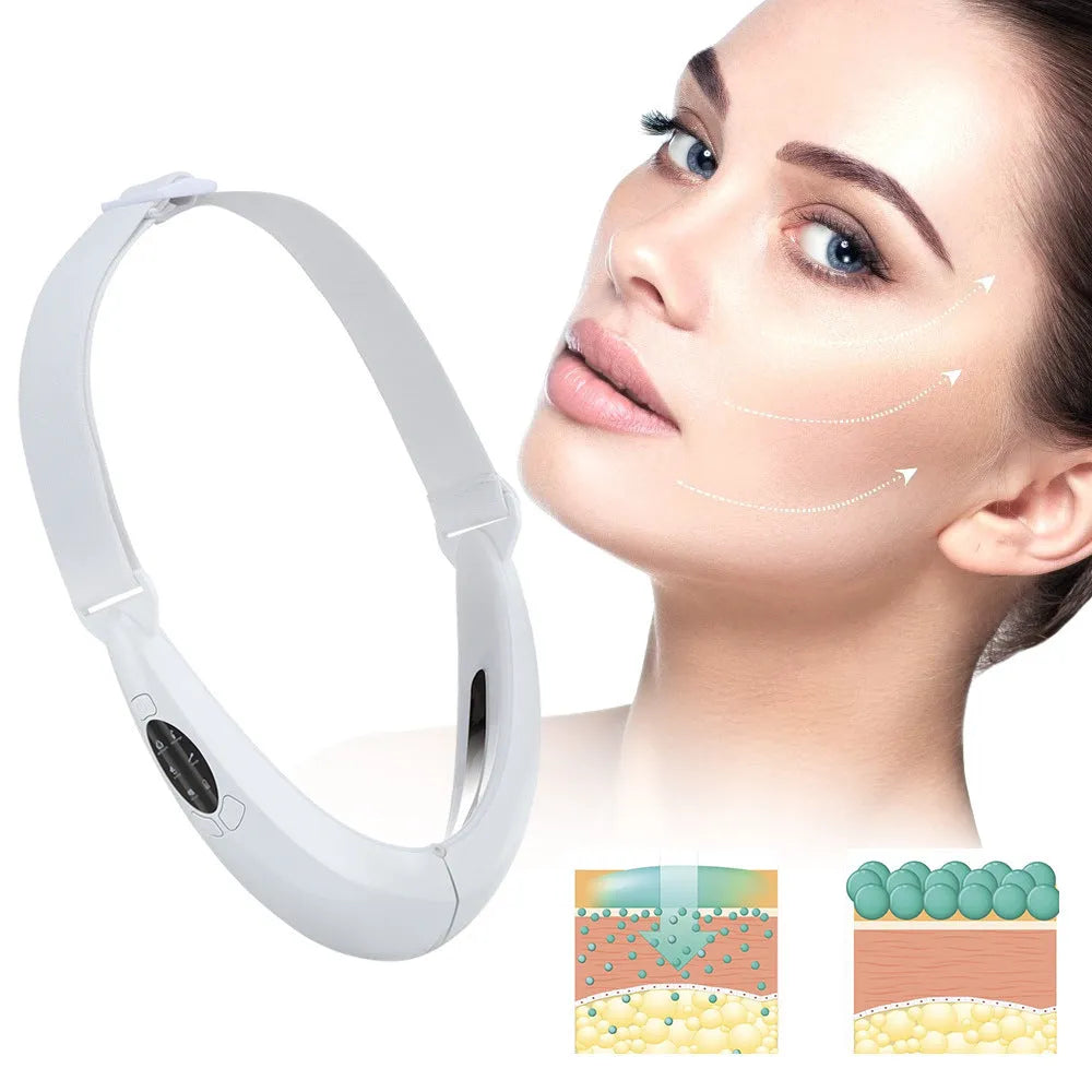 White ABS facial lifting device with red and blue light therapy, showing control buttons and measurement scale.