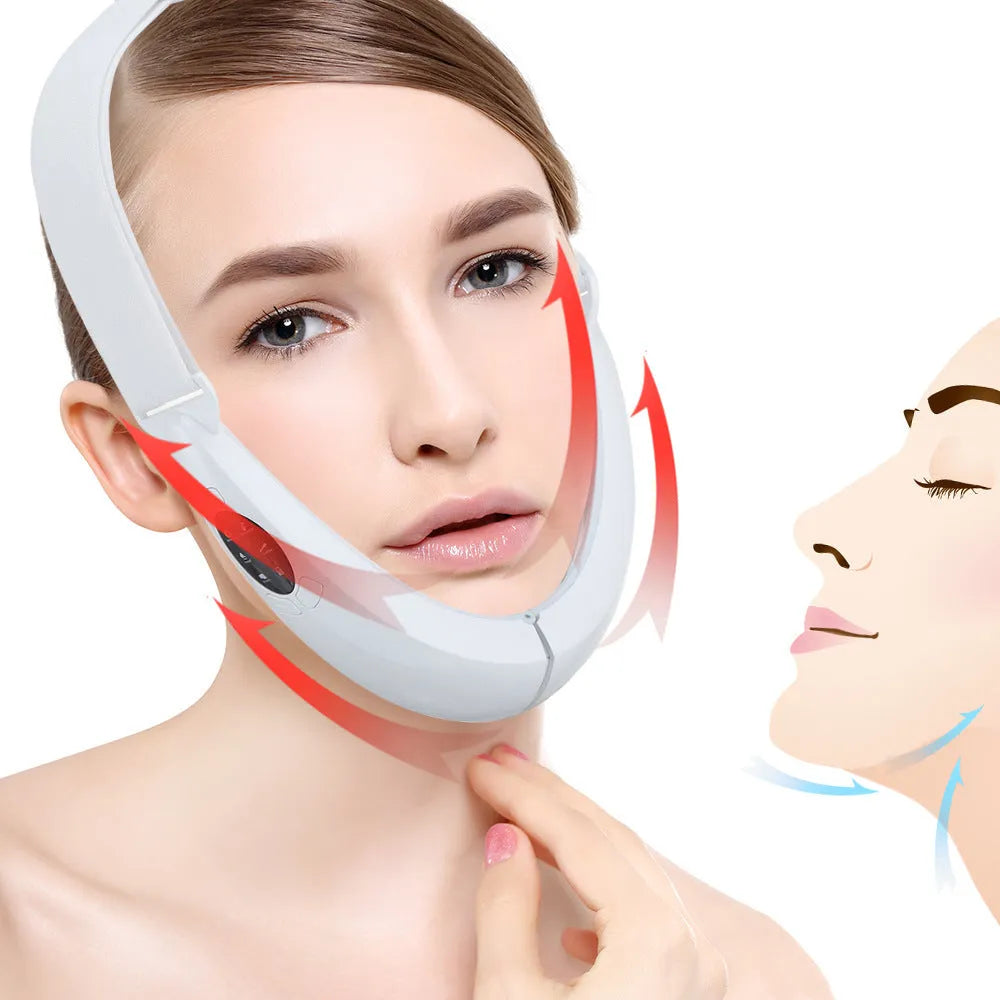 White ABS facial lifting device with red and blue light therapy, showing control buttons and measurement scale.