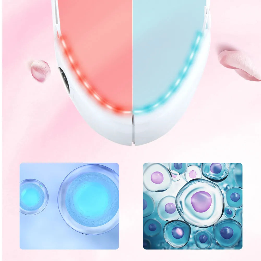 White ABS facial lifting device with red and blue light therapy, showing control buttons and measurement scale.