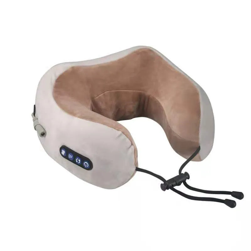 Brown U-shaped electric neck massage pillow with USB charging port and control buttons