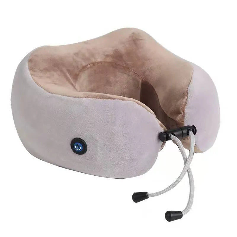 Brown U-shaped electric neck massage pillow with USB charging port and control buttons