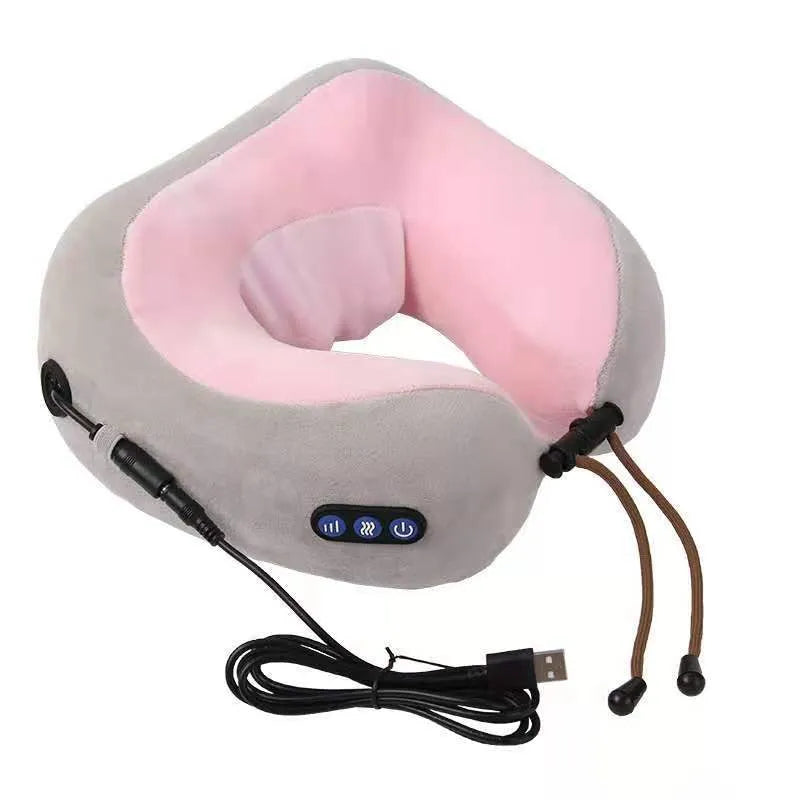 Brown U-shaped electric neck massage pillow with USB charging port and control buttons