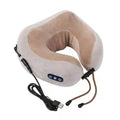 Brown U-shaped electric neck massage pillow with USB charging port and control buttons