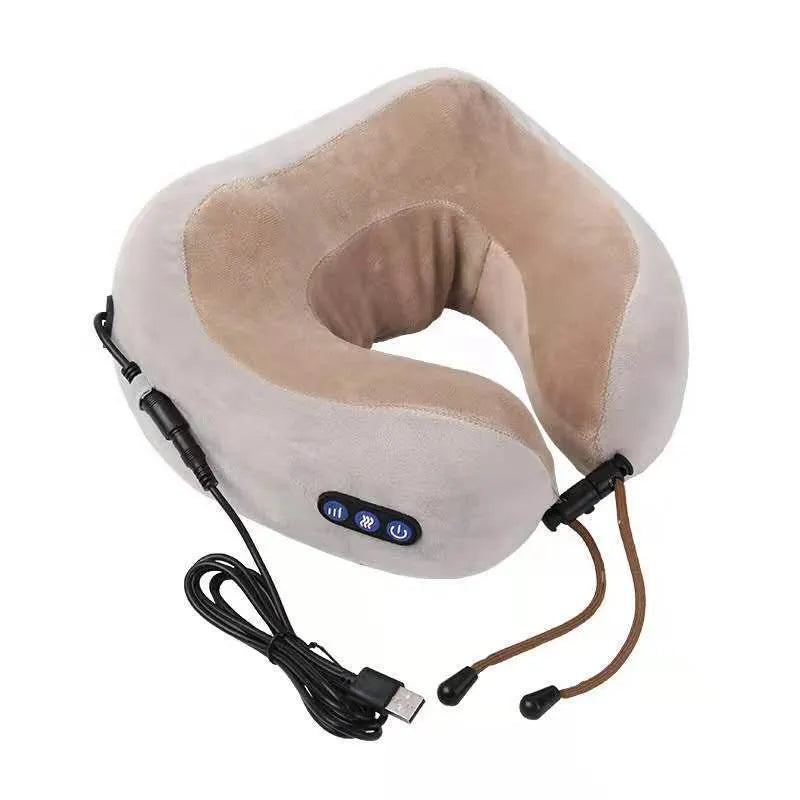 Brown U-shaped electric neck massage pillow with USB charging port and control buttons