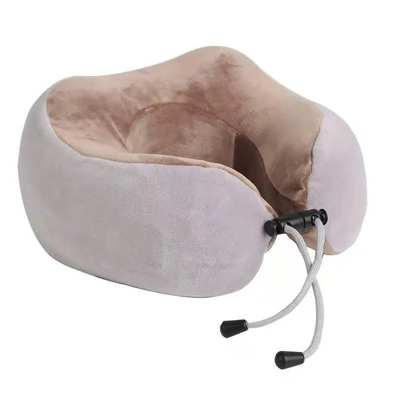 Brown U-shaped electric neck massage pillow with USB charging port and control buttons