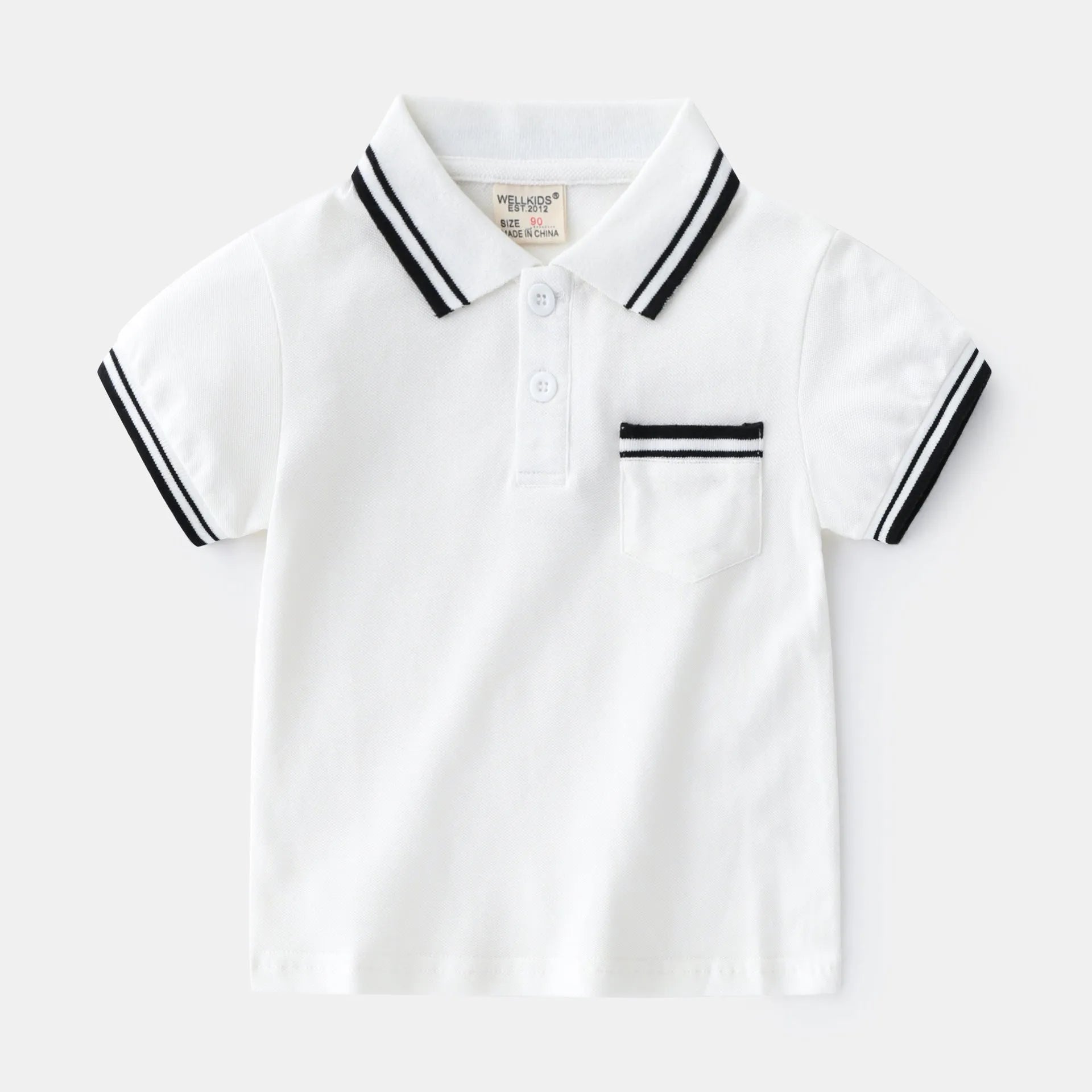 Boys' cotton polo shirt in white or black with round neck and short sleeves for summer wear