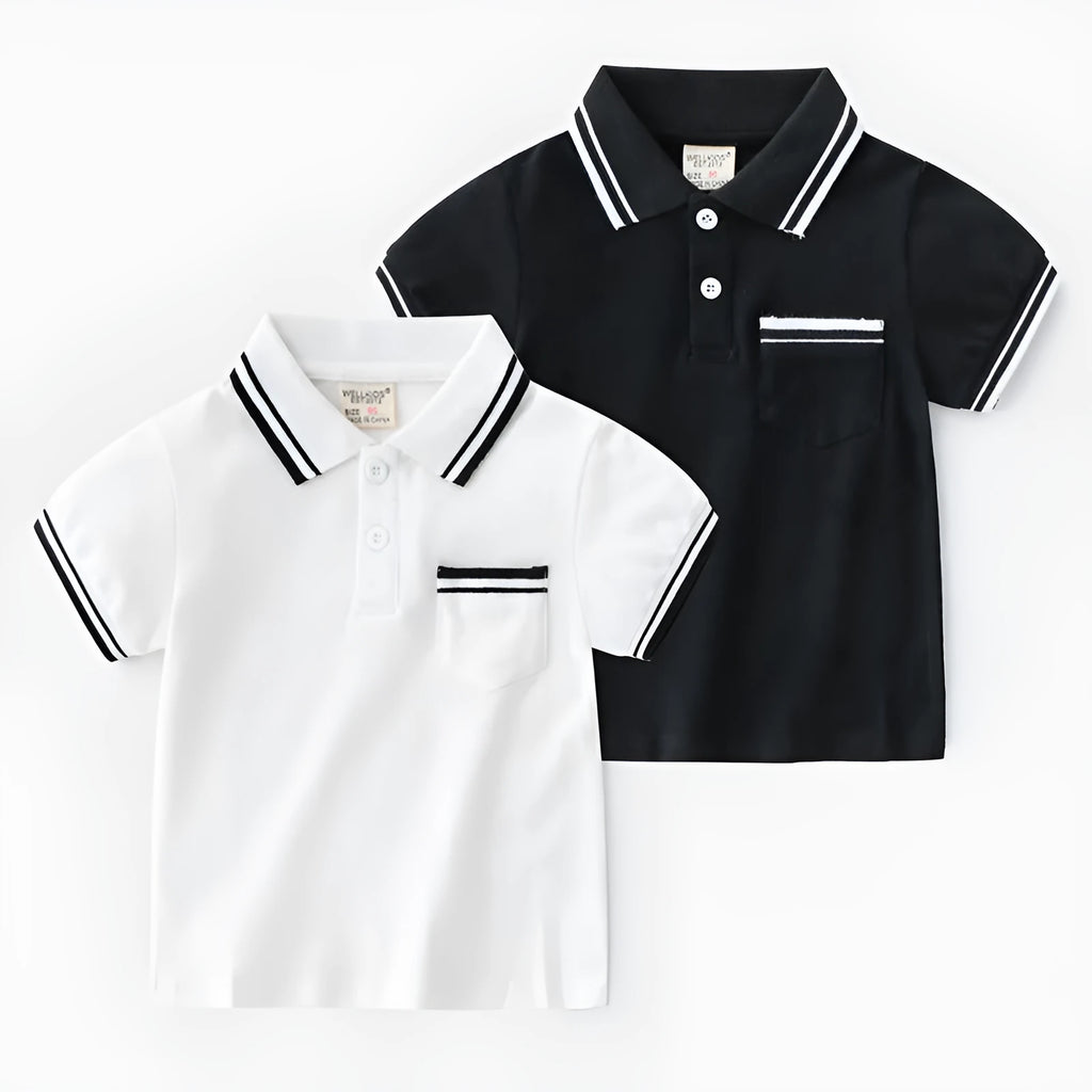 Boys' cotton polo shirt in white or black with round neck and short sleeves for summer wear