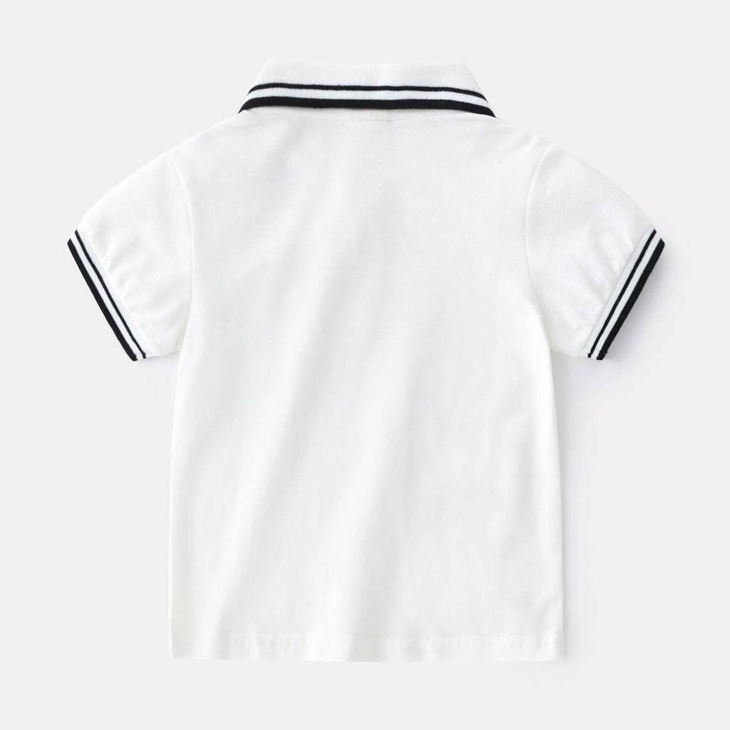 Boys' cotton polo shirt in white or black with round neck and short sleeves for summer wear