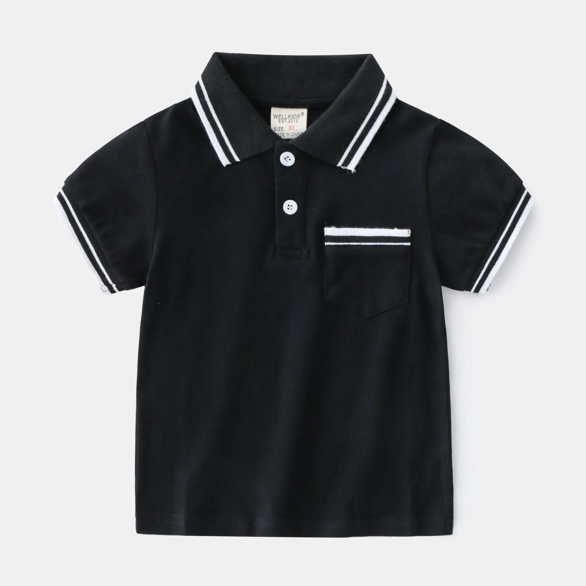 Boys' cotton polo shirt in white or black with round neck and short sleeves for summer wear