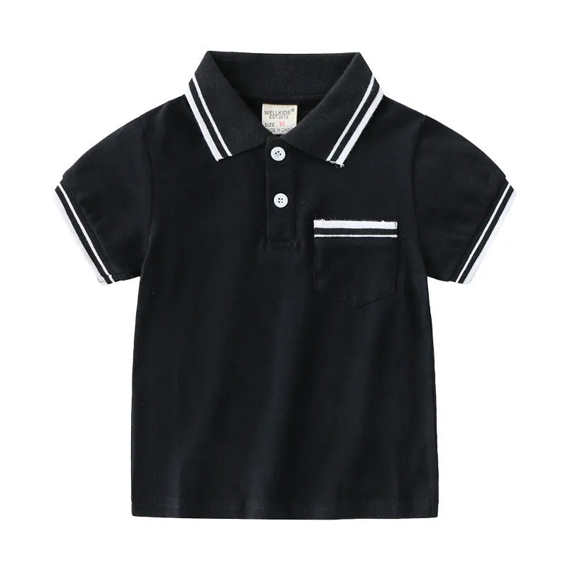 Boys' cotton polo shirt in white or black with round neck and short sleeves for summer wear