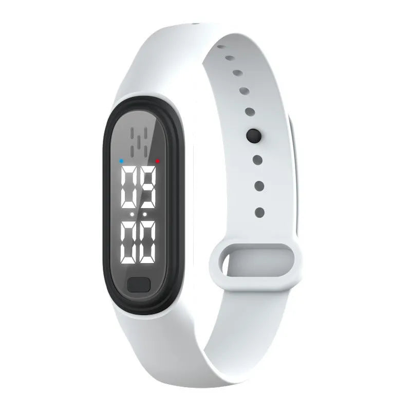 Ultrasonic electronic mosquito repellent bracelet in black, white, blue, and pink colours for outdoor wear.