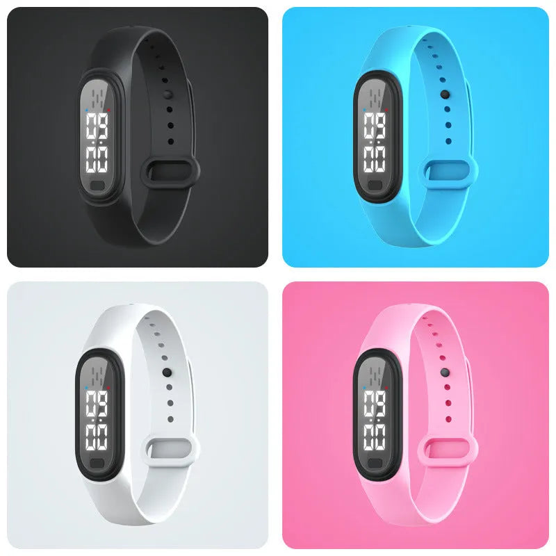 Ultrasonic electronic mosquito repellent bracelet in black, white, blue, and pink colours for outdoor wear.