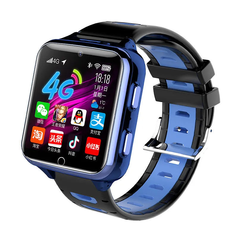 Black children's smart watch with silicone sports strap and 1.54-inch touchscreen on wrist