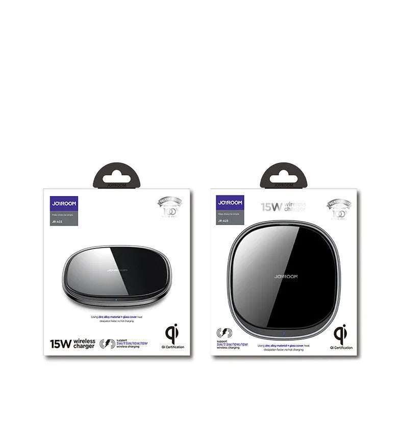Black wireless phone charger with glass surface showing charging indicator light