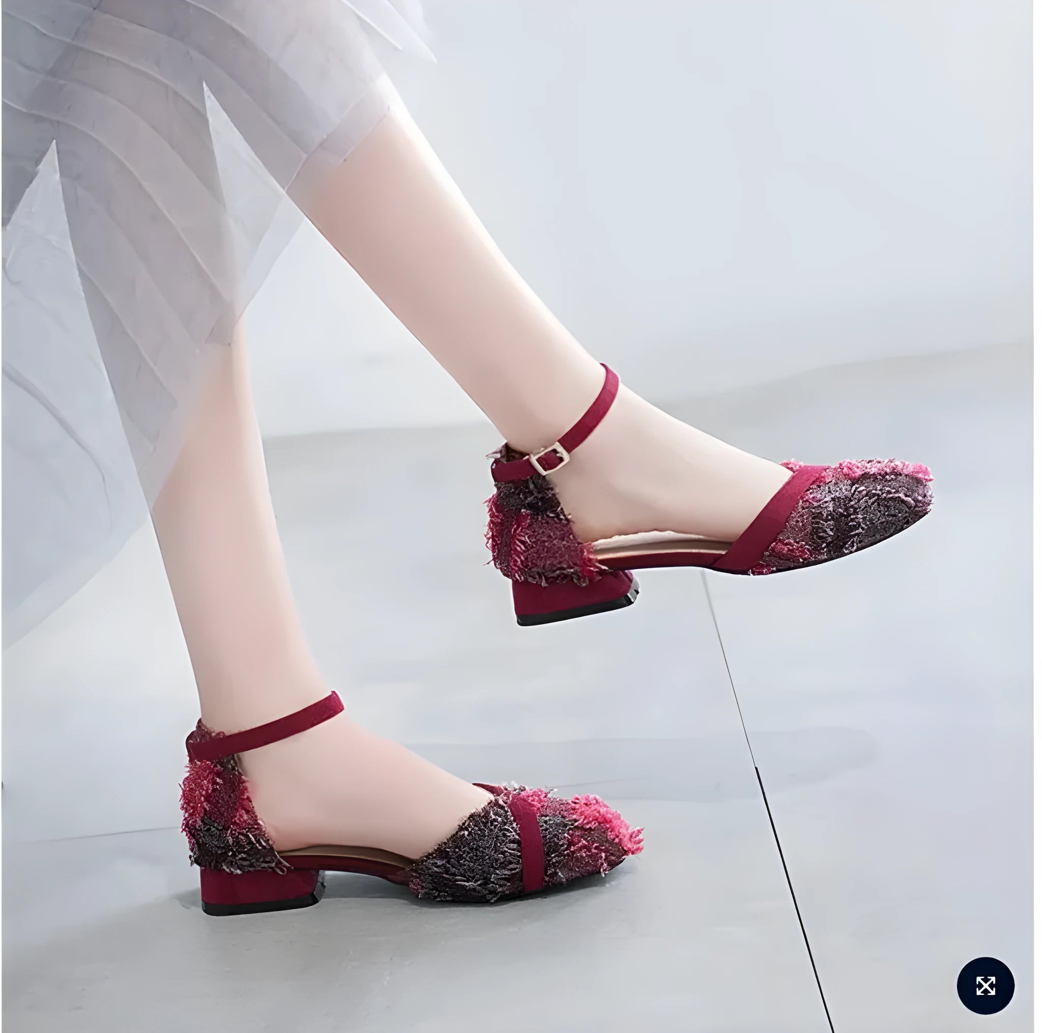 Women's apricot suede D'Orsay flats with an ankle strap and low block heel.