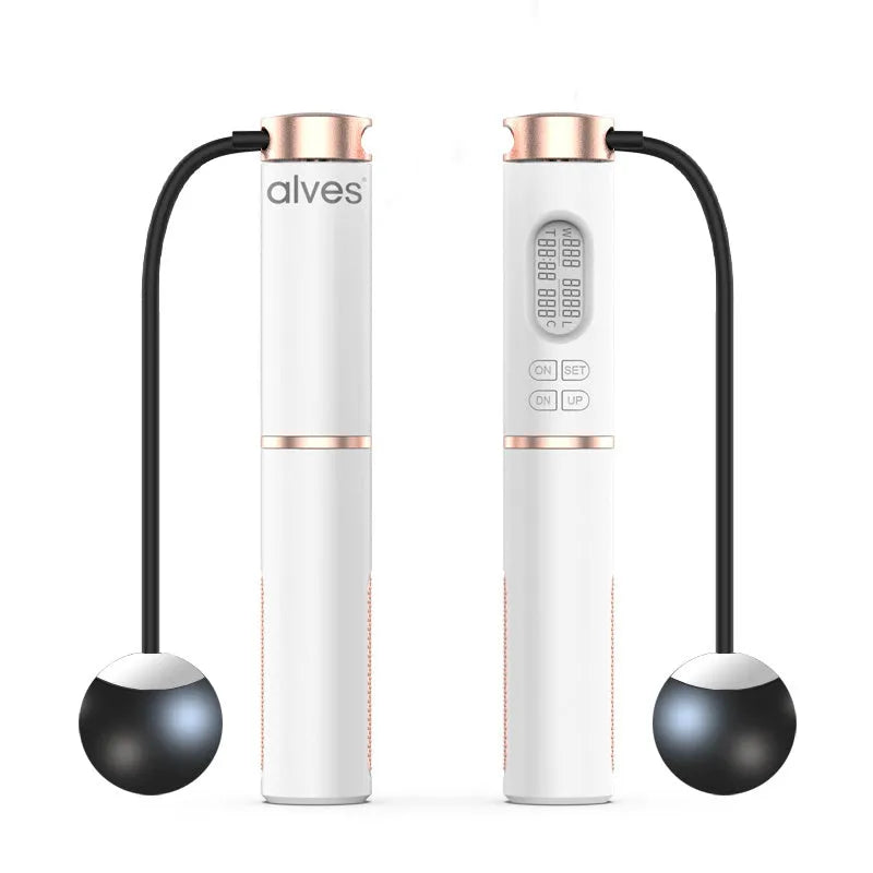 White smart counting cordless jump rope with PU handle and black LCD screen on storage bag