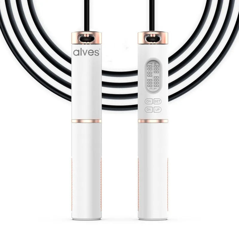 White smart counting cordless jump rope with PU handle and black LCD screen on storage bag
