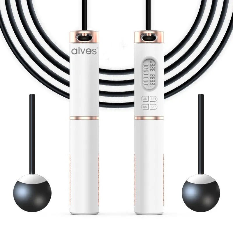 White smart counting cordless jump rope with PU handle and black LCD screen on storage bag