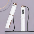 White smart counting cordless jump rope with PU handle and black LCD screen on storage bag