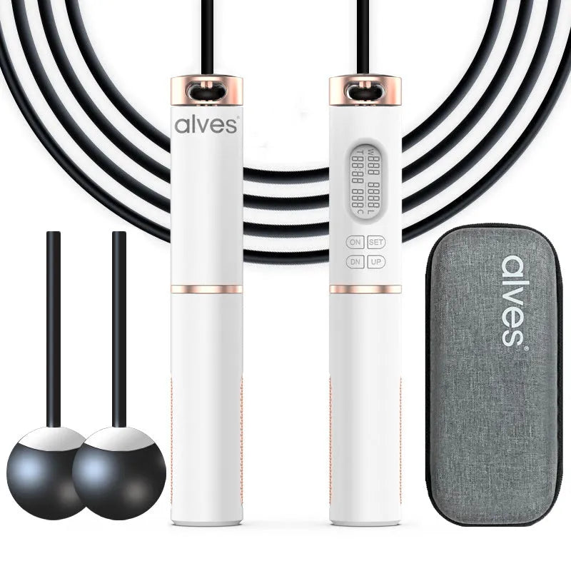 White smart counting cordless jump rope with PU handle and black LCD screen on storage bag