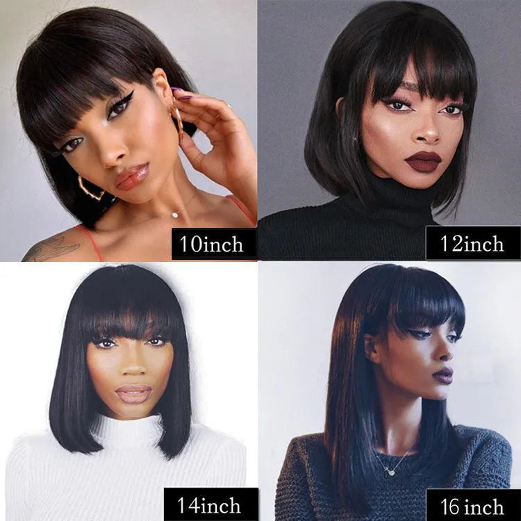 Black 10-inch real human hair wig on a stand showing short to medium length style.