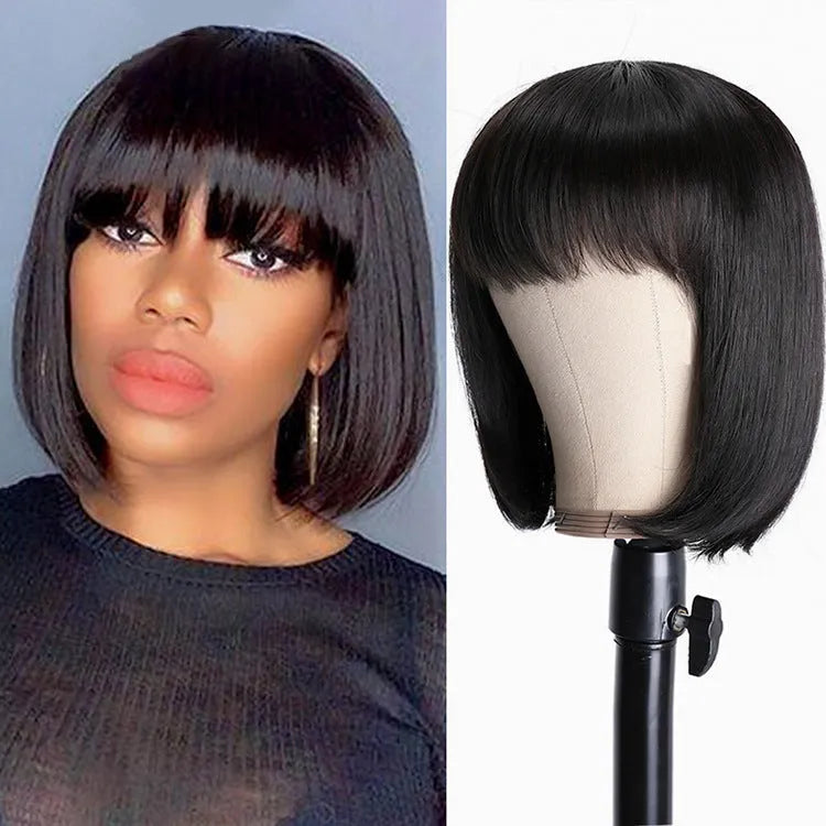 Black 10-inch real human hair wig on a stand showing short to medium length style.