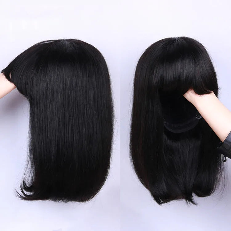 Black 10-inch real human hair wig on a stand showing short to medium length style.