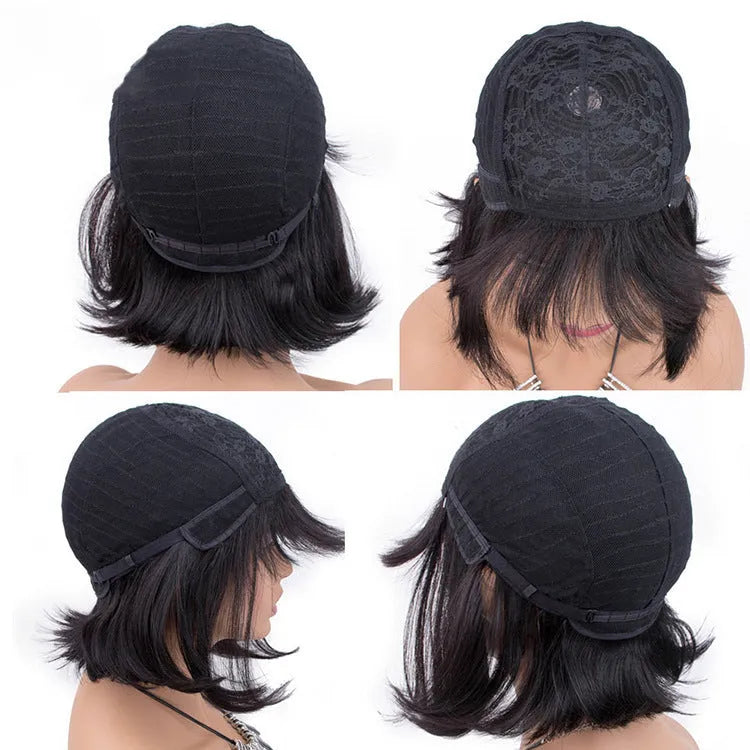 Black 10-inch real human hair wig on a stand showing short to medium length style.