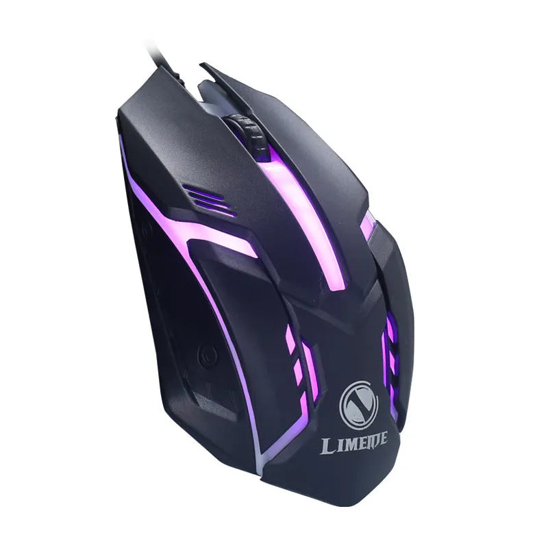Wired USB computer mouse with LED glowing effects in black or white colour options on desktop