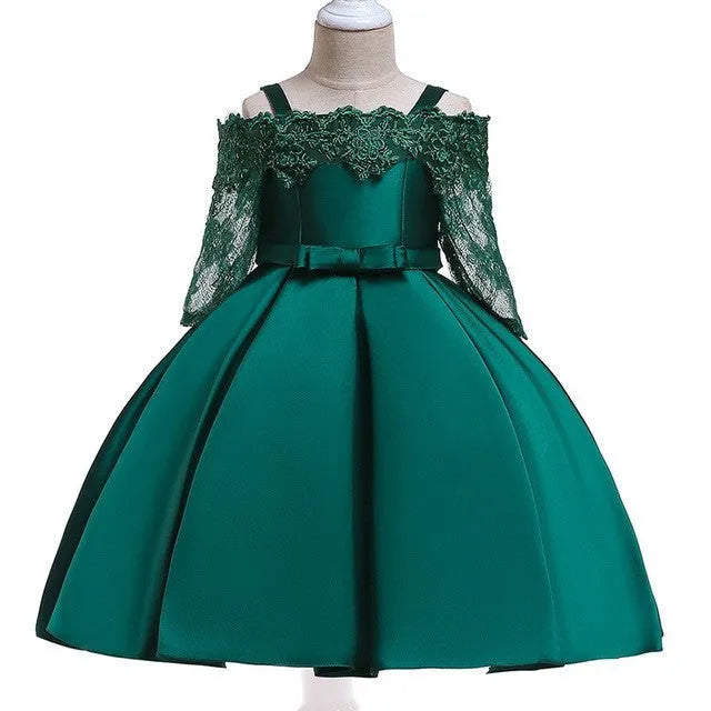 Simple girls' lace-trimmed dress in polyester, shown in red, on a hanger.