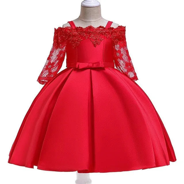 Simple girls' lace-trimmed dress in polyester, shown in red, on a hanger.