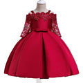Simple girls' lace-trimmed dress in polyester, shown in red, on a hanger.