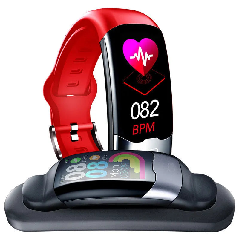 Smart bracelet with heart rate and blood pressure monitoring, 30 metre waterproof, available in black, blue, or red