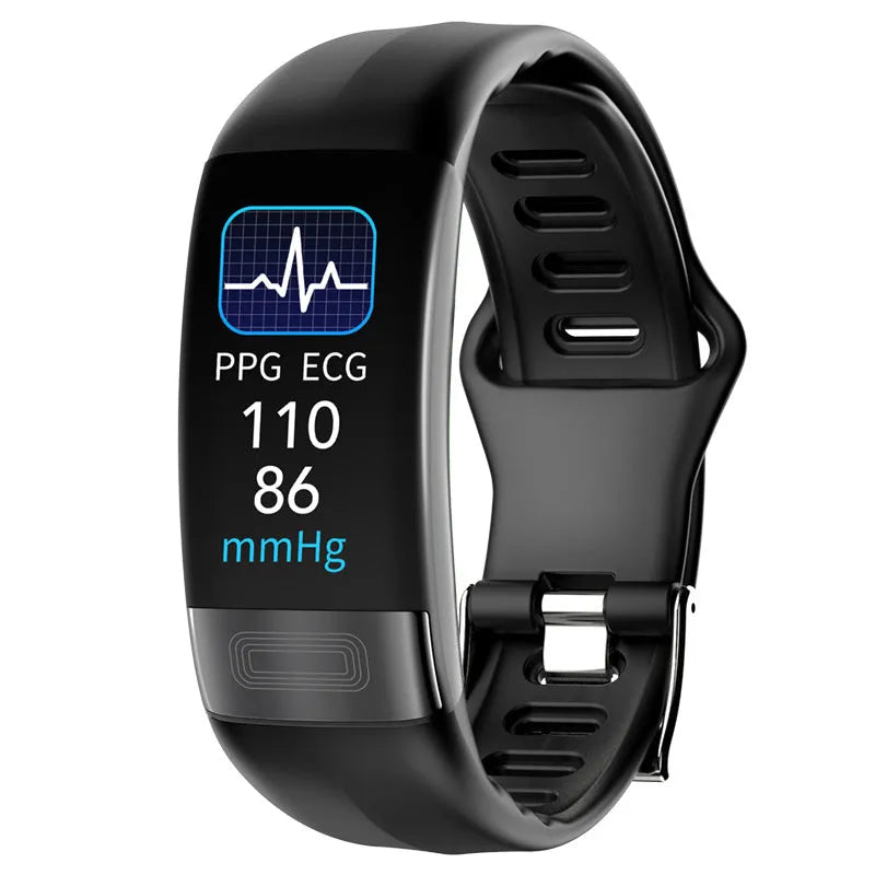 Smart health tracking bracelet with colour touch screen on a wrist, showing ECG and heart rate data.