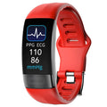 Smart health tracking bracelet with colour touch screen on a wrist, showing ECG and heart rate data.