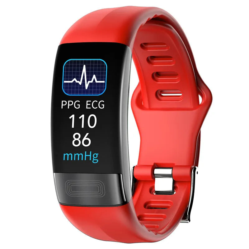 Smart health tracking bracelet with colour touch screen on a wrist, showing ECG and heart rate data.