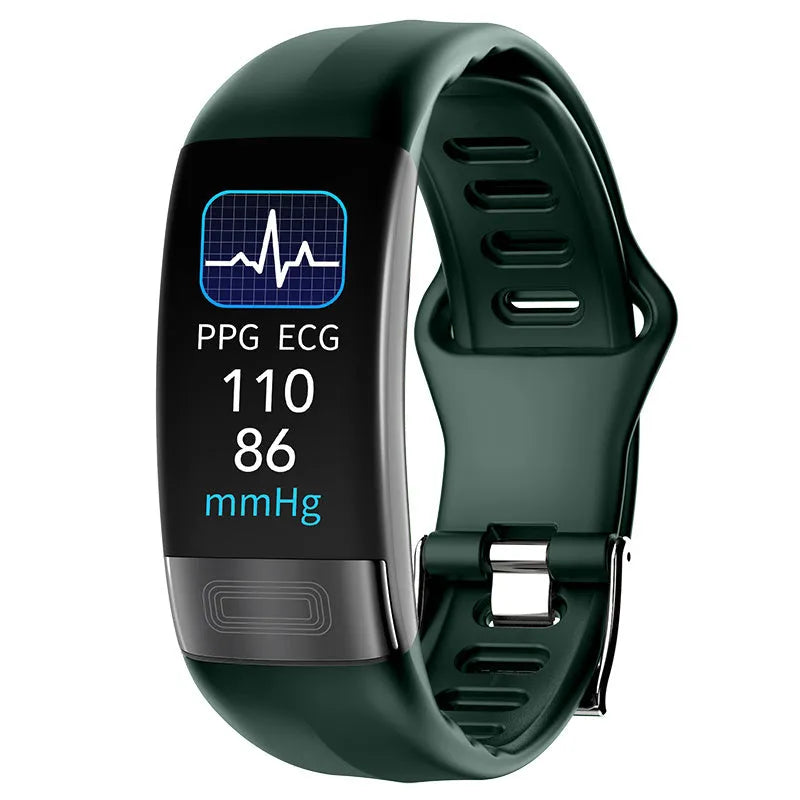 Smart health tracking bracelet with colour touch screen on a wrist, showing ECG and heart rate data.