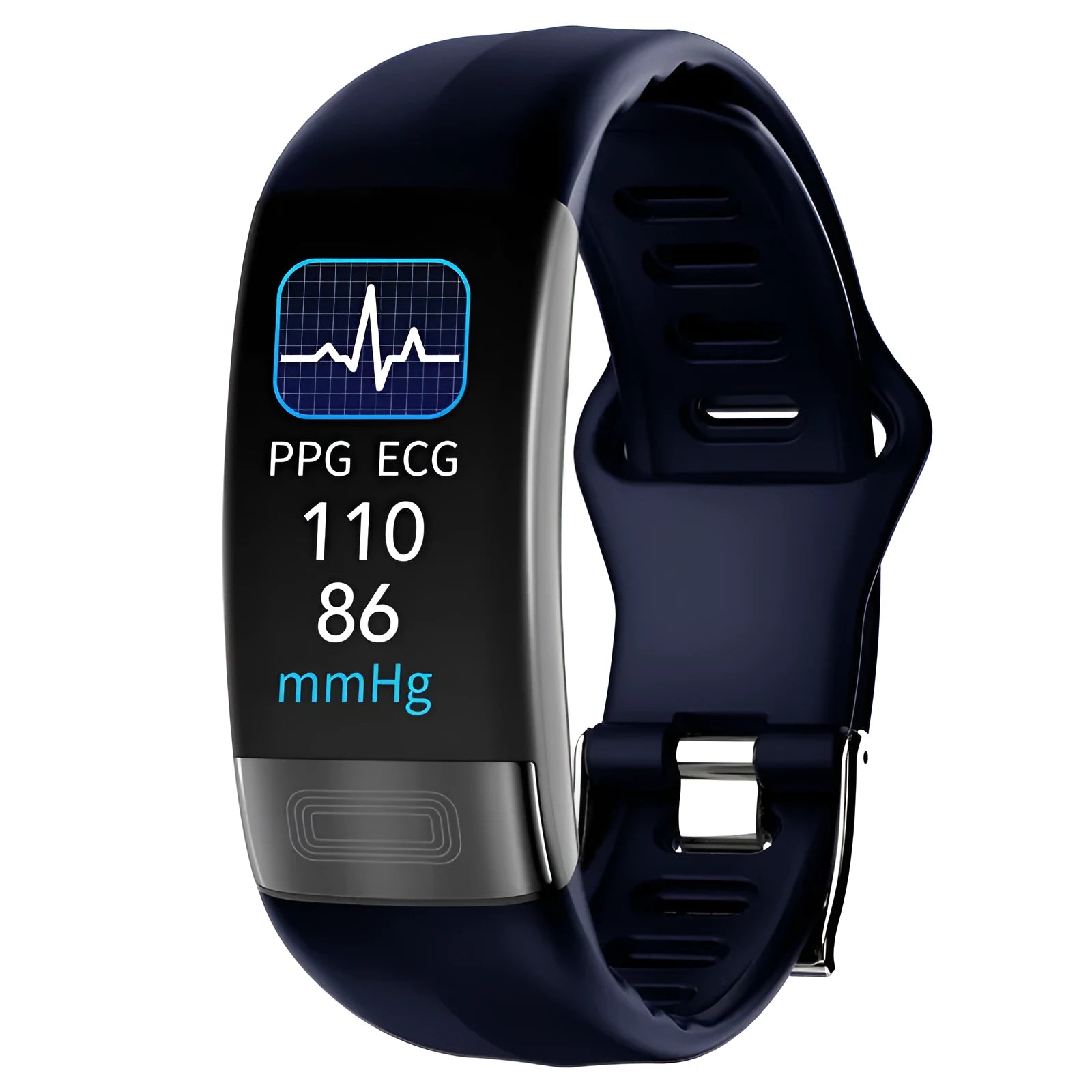 Smart health tracking bracelet with colour touch screen on a wrist, showing ECG and heart rate data.