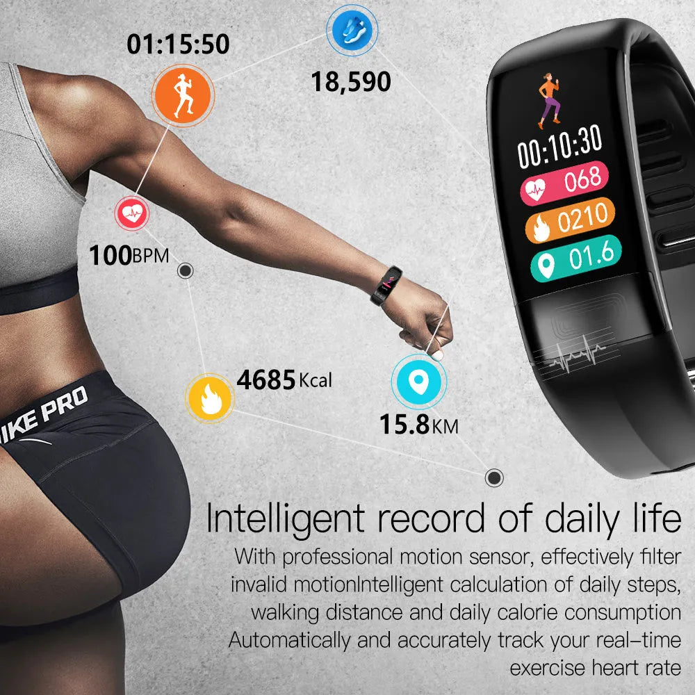Smart health tracking bracelet with colour touch screen on a wrist, showing ECG and heart rate data.