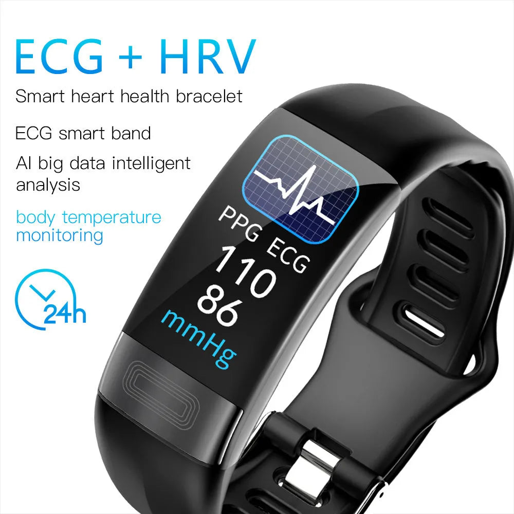 Smart health tracking bracelet with colour touch screen on a wrist, showing ECG and heart rate data.
