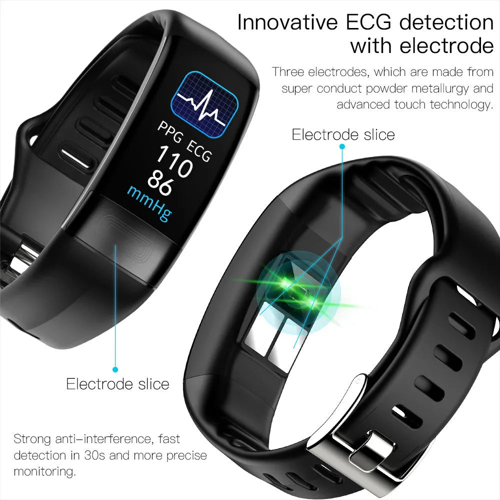 Smart health tracking bracelet with colour touch screen on a wrist, showing ECG and heart rate data.
