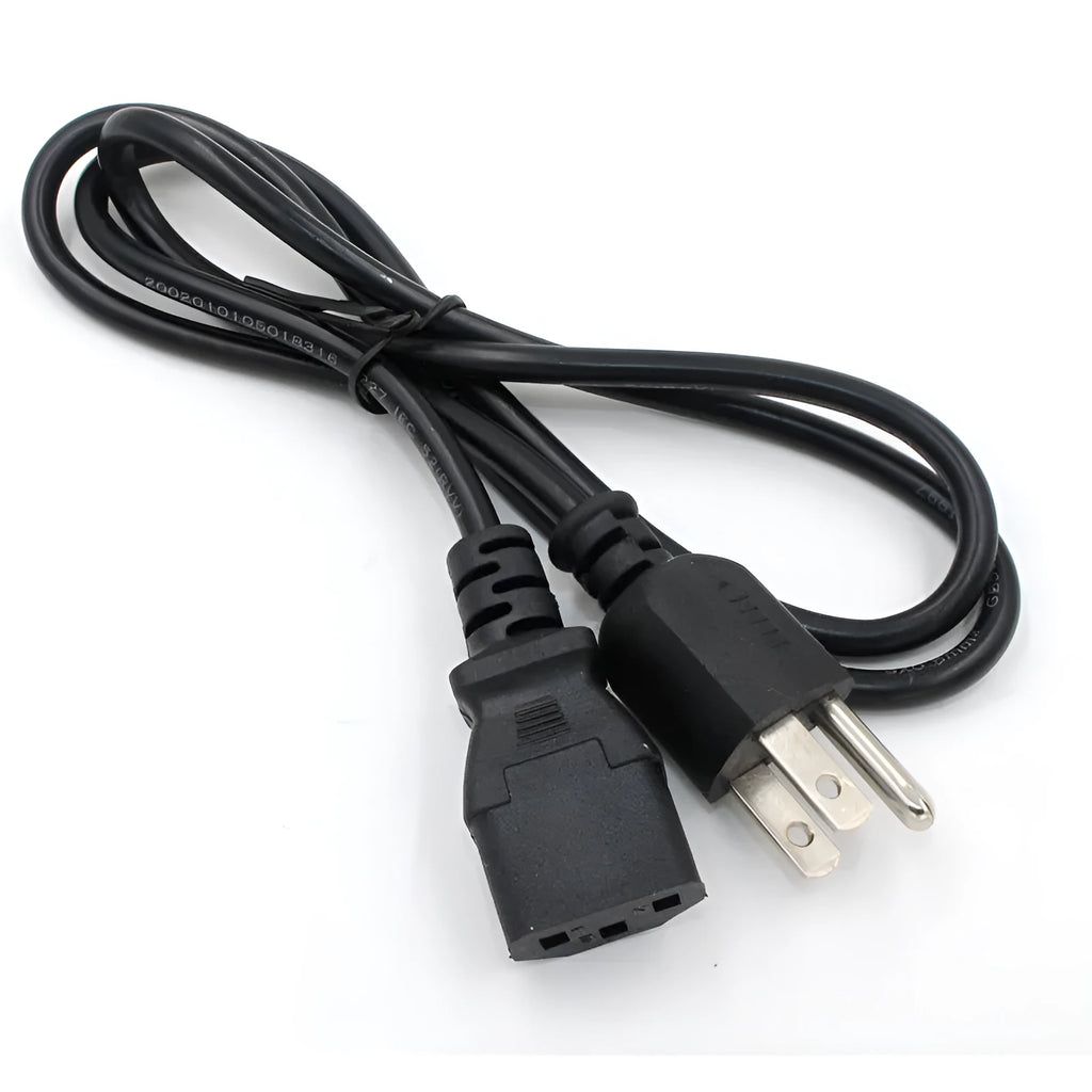 Black American standard three-pin plug power cord showing 1.2m length of PVC-sheathed cable.